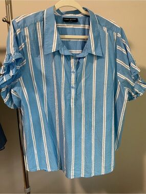 Lane Bryant Sky Blue and White Vertical Stripe Short Sleeve Shirt